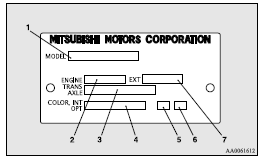 Mitsubishi Lancer: Vehicle information code plate. 1- Model code